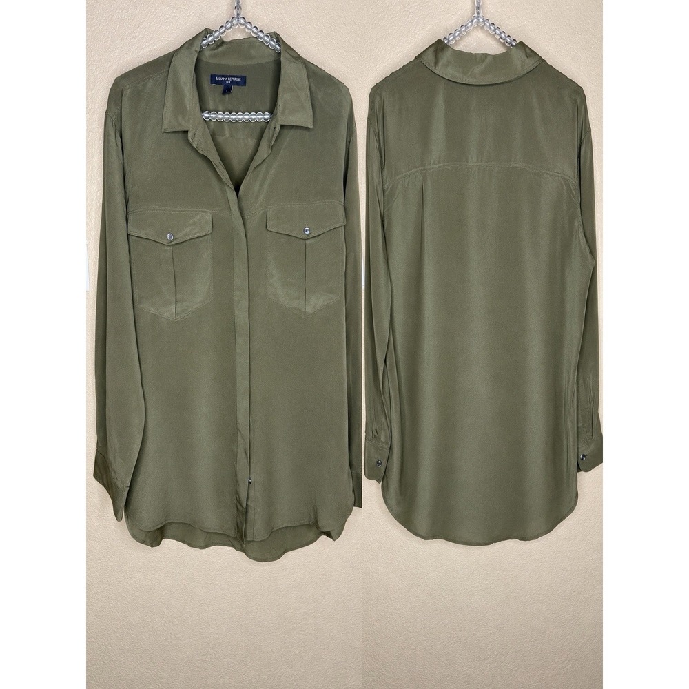 Banana Republic 100% Silk Utility Shirt L Olive Green Button Down Safari Blouse